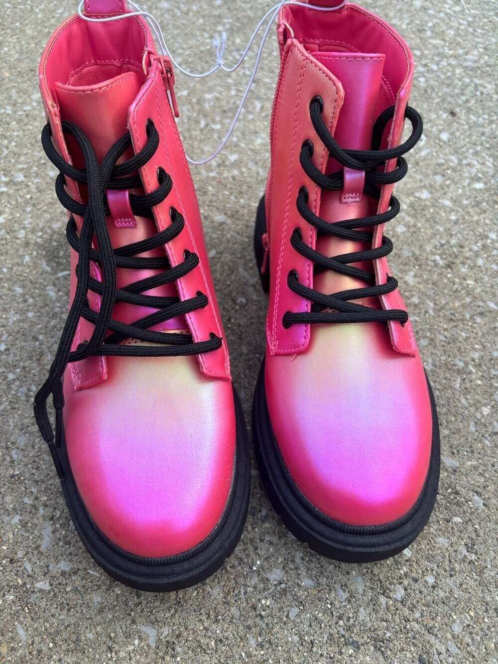 Art Class Pink Metallic Holographic Lace-Up Combat Boots Kids Size 4